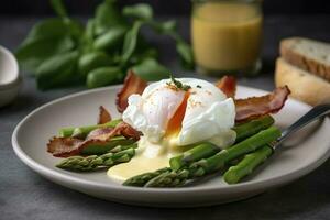 Benedict poached Duck egg with crispy bacon and fried asparagus on toasts for breakfast, generate ai photo