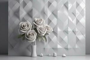 3d classic wallpaper. rose flowers on a light gray background with squares and wavy shapes. for wall home decor, generate ai photo