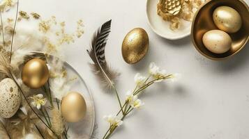 Easter table setting with bunny and golden eggs. Top view, generate ai photo