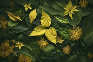 Foliage background with a variety of vibrant plant leaves showing a diverse ecosystem and the biodiversity of nature with unique gold plant leaves.  Earth day background. , generate ai photo