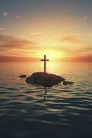 3d good friday background with cross against a sunset sky, generate ai photo