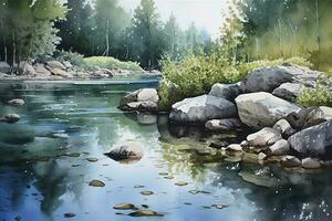 a watercolor painting of a peaceful lake or pond scene, featuring intricate details of water ripples, rocks, and foliage, generate ai photo