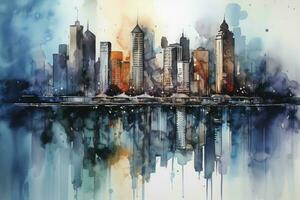 watercolor painting of a city skyline, featuring intricate architecture and reflections on water or glass surfaces, generate ai photo