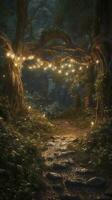 Fantasy magical enchanted fairy tale landscape, fabulous fairytale garden. mysterious background and glowing in night,Magical fantasy fairy tale scenery, night in a forest, generate ai photo