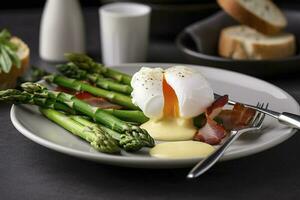 Benedict poached Duck egg with crispy bacon and fried asparagus on toasts for breakfast, generate ai photo
