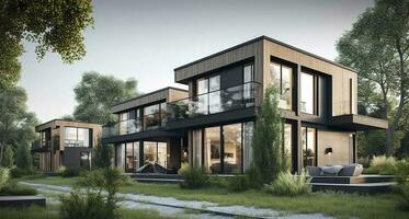 3d rendering of a large modern contemporary house in wood and concrete, generate ai photo