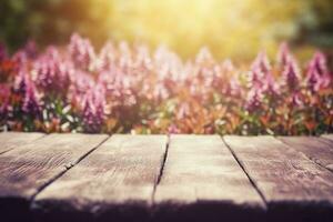 Wooden Board With Erica Flower Field As Background, Ruby Retro Filter , generate ai photo