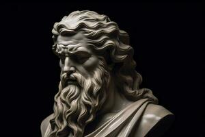 cabeza de griego Dios escultura, estatua de un hombre con largo barba en oscuro antecedentes. ai generado imagen. foto