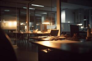 borroso oficina espacio de trabajo en el noche interior. ai generado foto