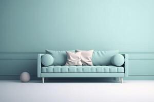 Soft blue sofa on a blue background, 3D illustration, Modern minimalistic living room interior detail. Cosiness, social media and sale concept, creative advertisement idea, image. photo