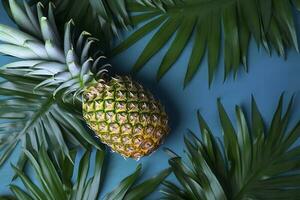 Top view of fresh pineapple with tropical leaves on blue background. , generate ai photo