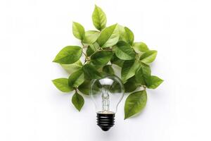 Eco-friendly lightbulb from fresh leaves top view, concept of Renewable Energy and Sustainable Living, created with technology photo