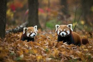 two cute red pandas climbing together in the branches , generate ai photo