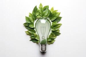 Eco-friendly lightbulb from fresh leaves top view, concept of Renewable Energy and Sustainable Living, created with technology photo