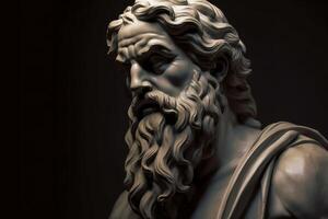 Head of greek god sculpture, statue of a man with long beard on dark background. image. photo