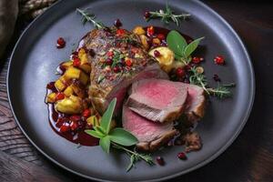 Traditional roasted Italian panettone tagliata di manzo with sliced beef steak and vegetables served close-up on a Nordic design plate, generate ai photo