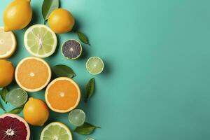 Citrus paradise concept. Top view of juicy oranges, lemons, limes and grapefruits on turquoise background with empty space for promotional text, generate ai photo