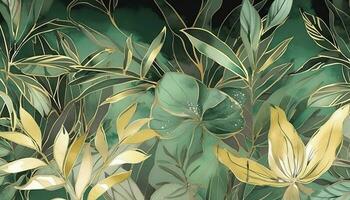 tropical follaje acuarela antecedentes vector. verano botánico diseño con oro línea arte, palma hojas, verde acuarela textura. lujo tropical ilustración para bandera, generar ai foto