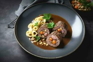 Traditional slow cooked German Wagyu beef roulades with gnocchetti sardi noodles in a spicy gravy as a top view on a Nordic design plate with copy space on the right, generate ai photo