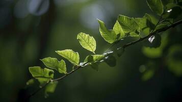 Earth Day and World Environment Day, Spring, Tropical tree leaves and branch with beautiful green forest background, generate ai photo