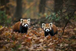 un par de rojo pandas jugando en un bosque, generar ai foto