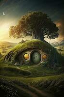 concepto Arte ilustración de hobbit casa, generar ai foto