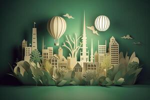 Paper cut of light bulb with green eco city , Renewable energy by 2050 Carbon neutral energy or greenhouse gas emission CO2 , Save energy creative idea concept , photo