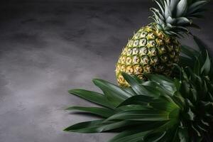 Fresh pineapple with tropical leaves on gray background. , generate ai photo