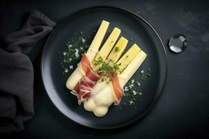 Modern Style Traditional Steamed White Asparagus with Cured Ham and Hollandaise Sauce Served as Top View on a Nordic Design Plate with Copy Space, generate ai photo