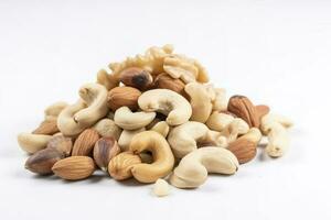 Cashew nuts, almond, hazelnut and blanched peanuts isolated on white background, generate ai photo