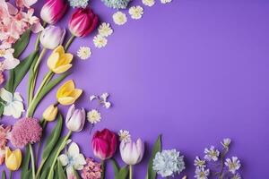 multicolored spring flowers on purple background , generate ai photo