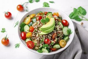 quinua tabulé ensalada con rojo Cereza Tomates, naranja pimenton, palta, pepinos y perejil. tradicional medio oriental y Arábica plato. blanco mesa fondo, parte superior vista, generar ai foto