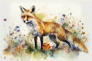 A fox in a field of flowers, watercolor painting, beautiful natural forms, crisp clean shapes, colorful, white background, generate ai photo