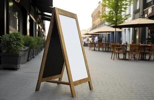 Blank restaurant shop sign or menu boards near the entrance to restaurant. Cafe menu on the street. Blackboard sign in front of a restaurant. Signboard, freestanding A-frame blackboard. . photo