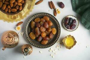 Eid al-Fitr holiday concept with sweet dried dates, fruits and decorations on bright background. Top view from above, generate ai photo