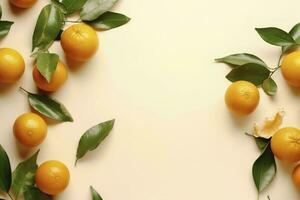 Whole orange yellow tangerines with green leaves on pastel beige background, copyspace. Citrus fruits mandarines as minimal food frame background, empty space, above view, generate ai photo