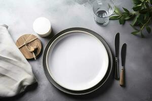 White plate and cutlery on stone table. Table setting, flat lay image, generate ai photo