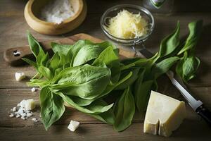 Fresh bear's garlic leaves with oil and parmesan cheese - preparation of pesto, generate ai photo