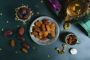 Eid al-Fitr holiday concept with sweet dried dates, fruits and decorations on bright background. Top view from above, generate ai photo