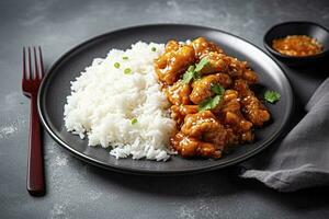 Sweet and sour chili sauce chicken with rice in a plate, generate ai photo