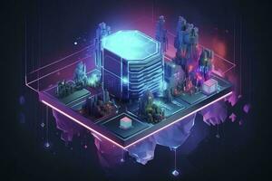 3d isométrica de ciencia ficción cyberpunk ciudad con brillante neón luces a noche. digital ilustración, generar ai foto