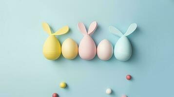 Easter party concept. Top view photo of easter bunny ears white pink blue and yellow eggs on isolated pastel blue background with copy space in the middle, generate ai