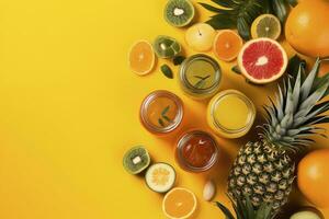 Add a pop of color to your summer marketing with this vibrant top view flat lay photo of citrus juice cocktails in glass jars, ananas, orange, kiwi set against a trendy yellow background, generate ai