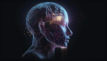 Artificial intelligence, a humanoid cyber human with a neural network thinks. AI concept of big data or cyber security. Chat GPT concept. AI with a digital brain processes big data. photo