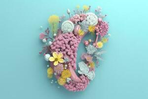 humano páncreas con flores, pastel colores, en azul fondo, 3d hacer y ilustración, generar ai foto