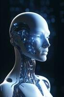 ChatGPT, a Thinking robot, a Humanoid robot faces close-up futuristic modern tech chatbot assistance auto conversation, Future digital technology AI artificial intelligence concept, generate ai photo