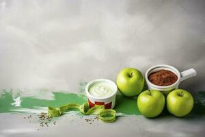 Sauces, apple and green measuring tape on grunge background. Diet concept, generate ai photo