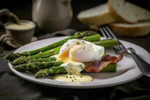 Benedict poached Duck egg with crispy bacon and fried asparagus on toasts for breakfast, generate ai photo