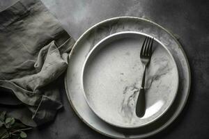 White plate and cutlery on stone table. Table setting, flat lay image, generate ai photo