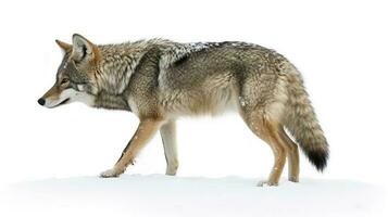 A lone coyote Canis latrans isolated on white background walking and hunting in the winter snow in Canada, generate ai photo